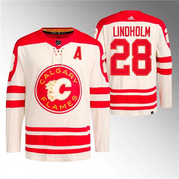 Mens Calgary Flames #28 Elias Lindholm 2023 Cream Classic Primegreen Stitched Jersey Dzhi